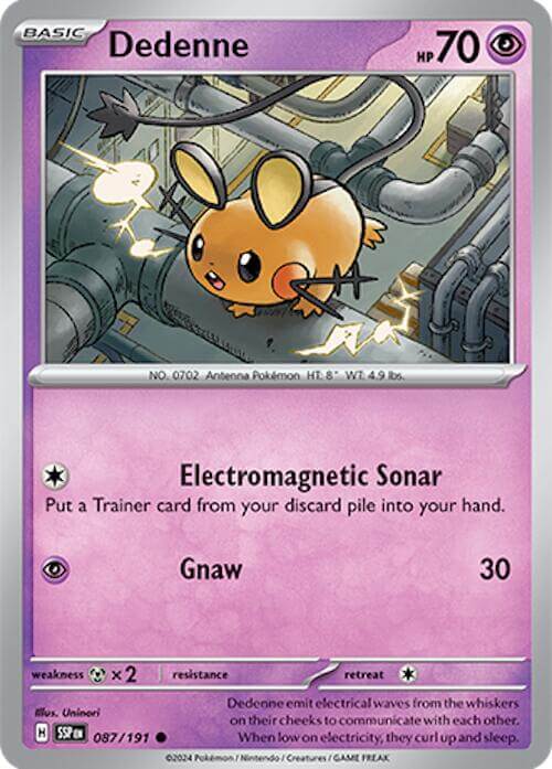 Dedenne [SSP - 087/191] Condition: Near Mint Collectible Trading Cards SV08: Surging Sparks Also available: Language: English Printing: Reverse Holofoil