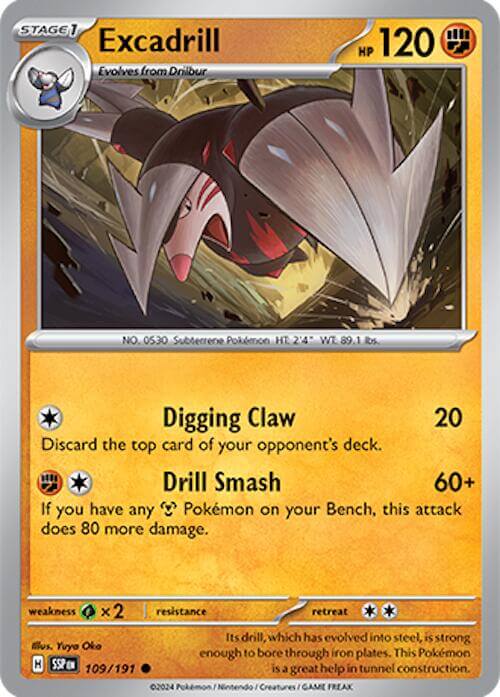 Excadrill [SSP - 109/191] Condition: Near Mint Collectible Trading Cards SV08: Surging Sparks Also available: Language: English Printing: Reverse Holofoil