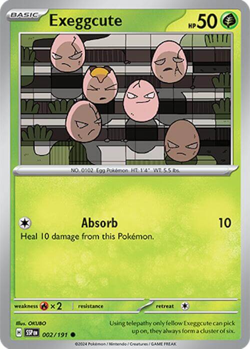 Exeggcute - 002/191 [SSP - 002/191] Condition: Near Mint Collectible Trading Cards SV08: Surging Sparks Also available: Language: English Printing: Reverse Holofoil