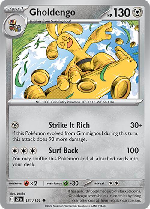 Gholdengo [SSP - 131/191] Condition: Near Mint Collectible Trading Cards SV08: Surging Sparks Also available: Language: English Printing: Reverse Holofoil