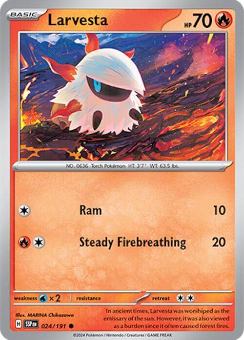 Larvesta - 024/191 [SSP - 024/191] Condition: Near Mint Collectible Trading Cards SV08: Surging Sparks Also available: Language: English Printing: Reverse Holofoil