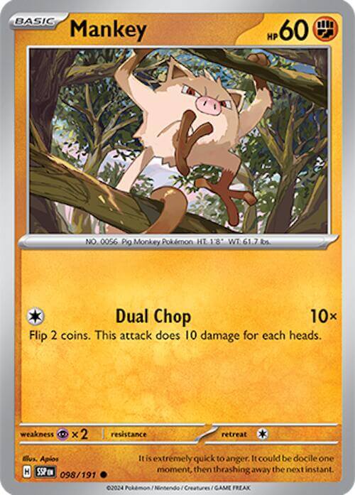 Mankey [SSP - 098/191] Condition: Near Mint Collectible Trading Cards SV08: Surging Sparks Also available: Language: English Printing: Reverse Holofoil