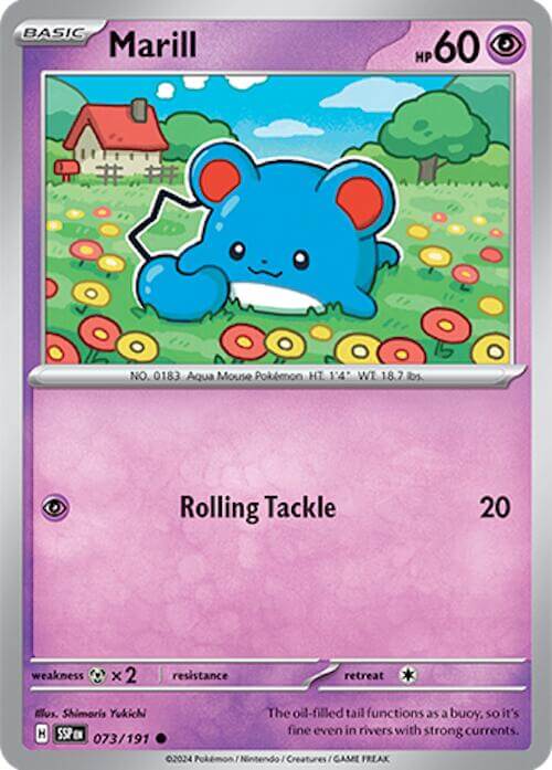 Marill [SSP - 073/191] Condition: Near Mint Collectible Trading Cards SV08: Surging Sparks Also available: Language: English Printing: Reverse Holofoil