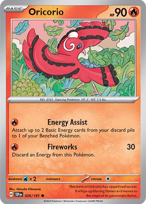 Oricorio - 026/191 [SSP - 026/191] Condition: Near Mint Collectible Trading Cards SV08: Surging Sparks Also available: Language: English Printing: Reverse Holofoil