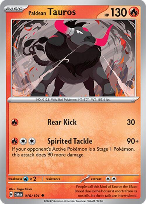 Paldean Tauros - 018/191 [SSP - 018/191] Condition: Near Mint Collectible Trading Cards SV08: Surging Sparks Also available: Language: English Printing: Reverse Holofoil