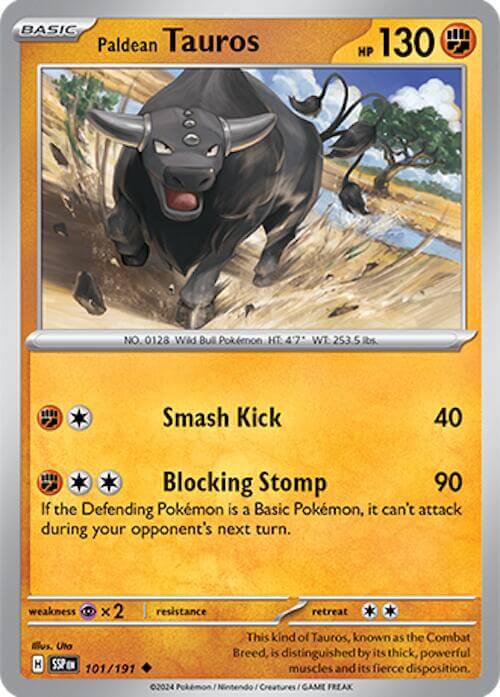 Paldean Tauros - 101/191 [SSP - 101/191] Condition: Near Mint Collectible Trading Cards SV08: Surging Sparks Also available: Language: English Printing: Reverse Holofoil