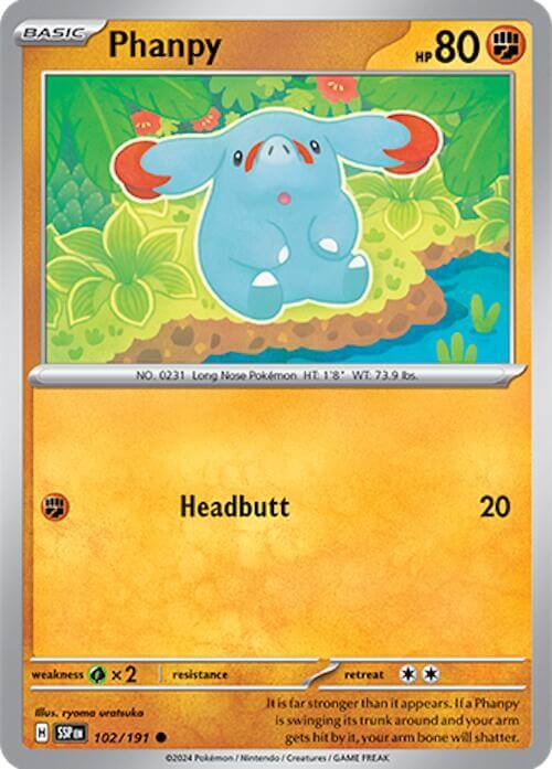 Phanpy - 102/191 [SSP - 102/191] Condition: Near Mint Collectible Trading Cards SV08: Surging Sparks Also available: Language: English Printing: Reverse Holofoil