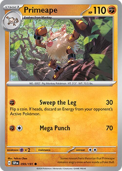 Primeape [SSP - 099/191] Condition: Near Mint Collectible Trading Cards SV08: Surging Sparks Also available: Language: English Printing: Reverse Holofoil