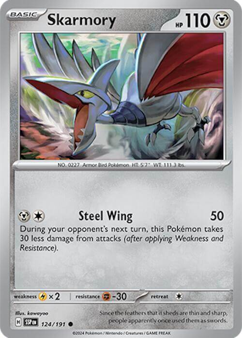 Skarmory - 124/191 [SSP - 124/191] Condition: Near Mint Collectible Trading Cards SV08: Surging Sparks Also available: Language: English Printing: Reverse Holofoil
