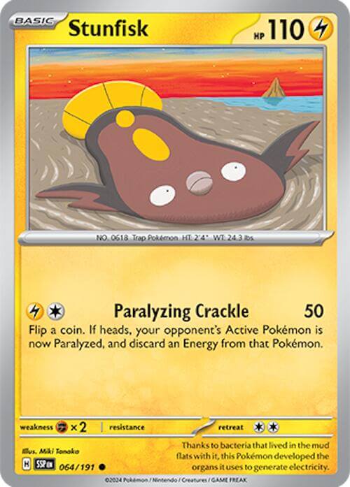 Stunfisk - 064/191 [SSP - 064/191] Condition: Near Mint Collectible Trading Cards SV08: Surging Sparks Also available: Language: English Printing: Reverse Holofoil