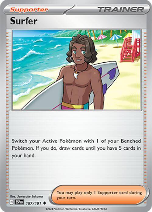 Surfer - 187/191 [SSP - 187/191] Condition: Near Mint Collectible Trading Cards SV08: Surging Sparks Also available: Language: English Printing: Reverse Holofoil