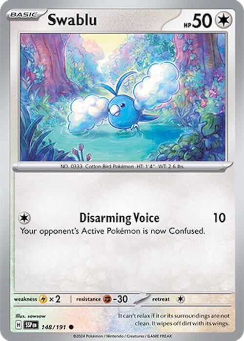 Swablu [SSP - 148/191] Condition: Near Mint Collectible Trading Cards SV08: Surging Sparks Also available: Language: English Printing: Reverse Holofoil