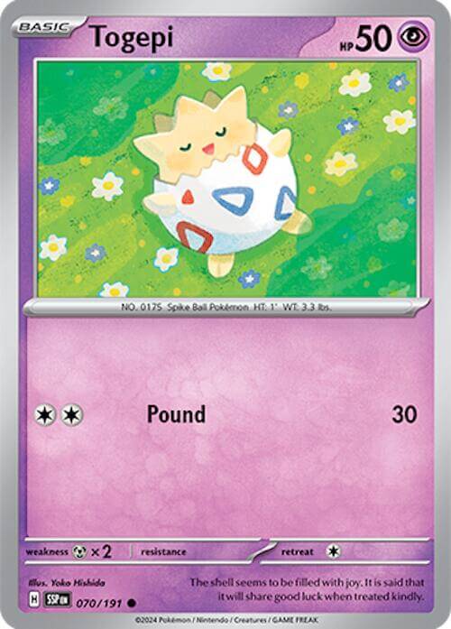 Togepi [SSP - 070/191] Condition: Near Mint Collectible Trading Cards SV08: Surging Sparks Also available: Language: English Printing: Reverse Holofoil