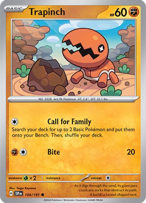 Trapinch [SSP - 104/191] Condition: Near Mint Collectible Trading Cards SV08: Surging Sparks Also available: Language: English Printing: Reverse Holofoil