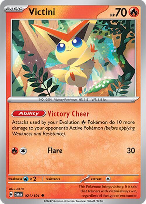 Victini [SSP - 021/191] Condition: Near Mint Collectible Trading Cards SV08: Surging Sparks Also available: Language: English Printing: Reverse Holofoil