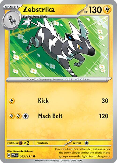 Zebstrika [SSP - 063/191] Condition: Near Mint Collectible Trading Cards SV08: Surging Sparks Also available: Language: English Printing: Reverse Holofoil