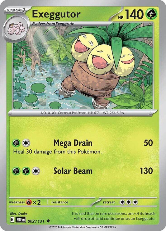 Exeggutor [PRE - 002/131] Condition: Near Mint Collectible Trading Cards SV: Prismatic Evolutions Also available: Language: English Printing: Reverse Holofoil