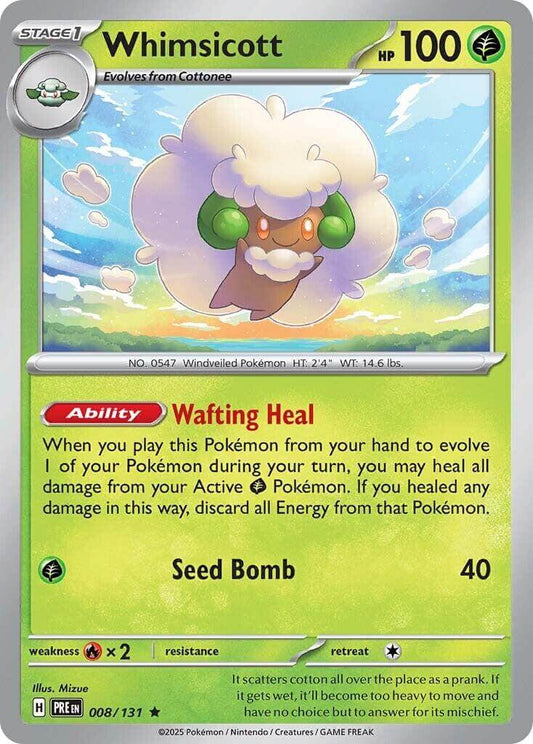 Whimsicott [PRE - 008/131] Condition: Near Mint Collectible Trading Cards SV: Prismatic Evolutions Also available: Language: English Printing: Holofoil