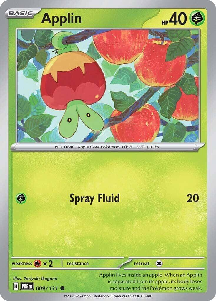 Applin [PRE - 009/131] Condition: Near Mint Collectible Trading Cards SV: Prismatic Evolutions Also available: Language: English Printing: Reverse Holofoil
