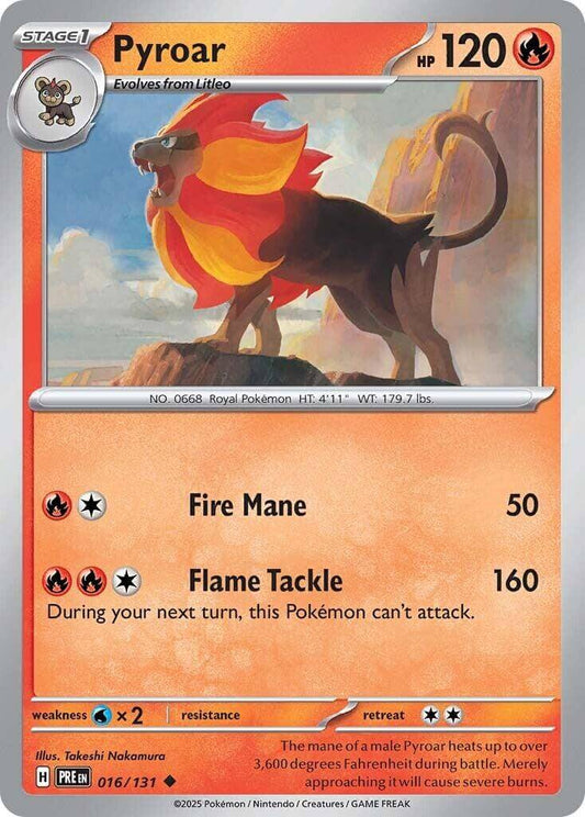Pyroar [PRE - 016/131] Condition: Near Mint Collectible Trading Cards SV: Prismatic Evolutions Also available: Language: English Printing: Reverse Holofoil
