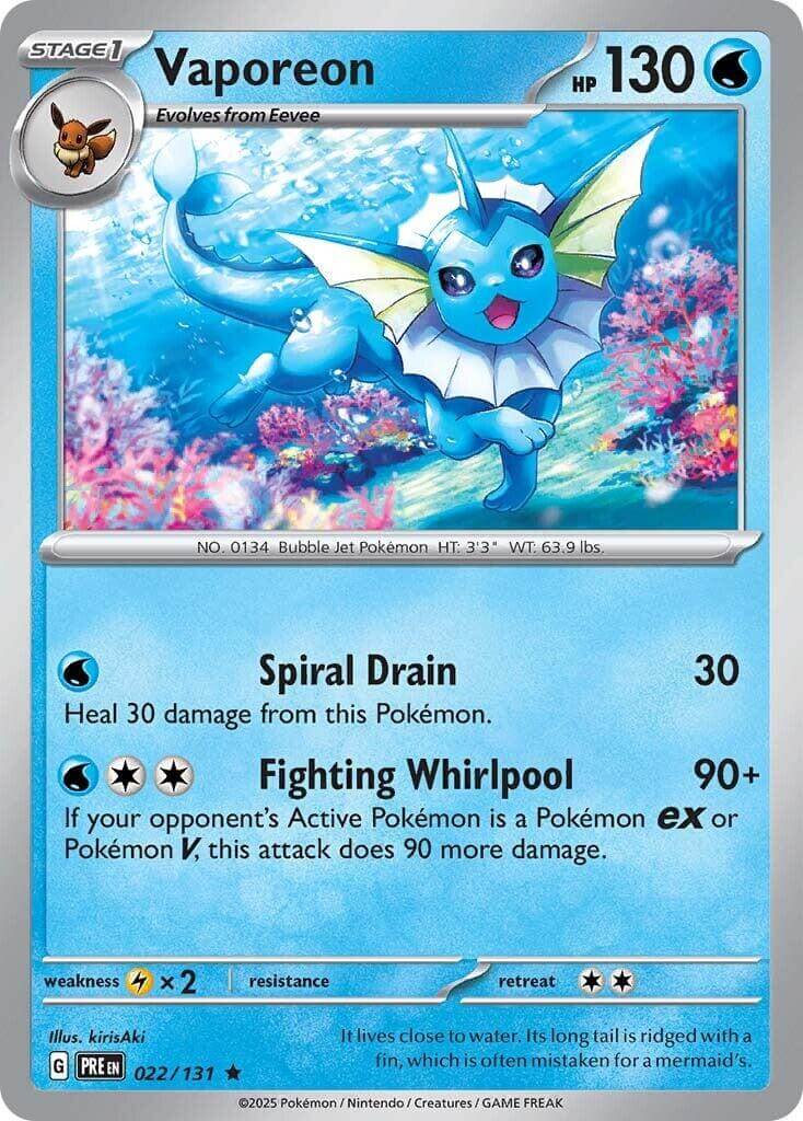 Vaporeon [PRE - 022/131] Condition: Near Mint Collectible Trading Cards SV: Prismatic Evolutions Also available: Language: English Printing: Holofoil