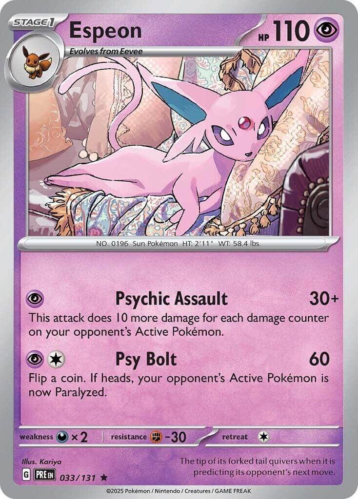 Espeon [PRE - 033/131] Condition: Near Mint Collectible Trading Cards SV: Prismatic Evolutions Also available: Language: English Printing: Holofoil
