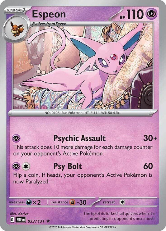 Espeon [PRE - 033/131] Condition: Near Mint Collectible Trading Cards SV: Prismatic Evolutions Also available: Language: English Printing: Holofoil