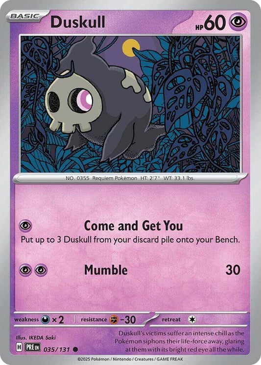 Duskull [PRE - 035/131] Condition: Near Mint Collectible Trading Cards SV: Prismatic Evolutions Also available: Language: English Printing: Reverse Holofoil