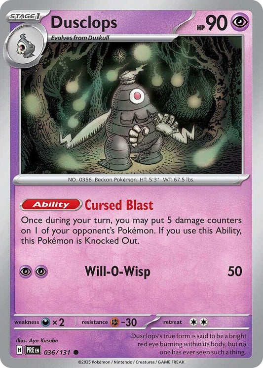 Dusclops [PRE - 036/131] Condition: Near Mint Collectible Trading Cards SV: Prismatic Evolutions Also available: Language: English Printing: Reverse Holofoil