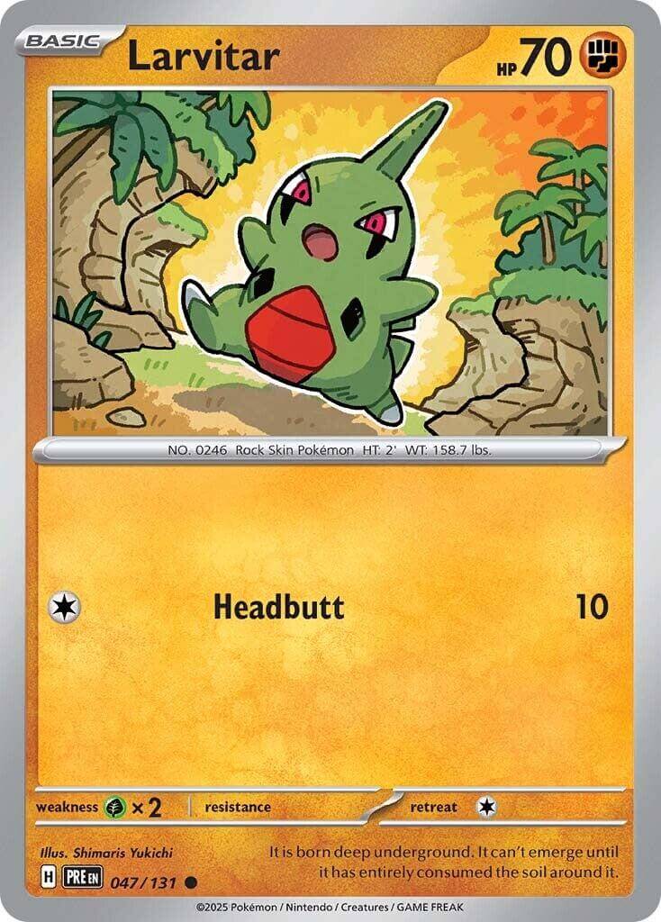 Larvitar [PRE - 047/131] Condition: Near Mint Collectible Trading Cards SV: Prismatic Evolutions Also available: Language: English Printing: Reverse Holofoil