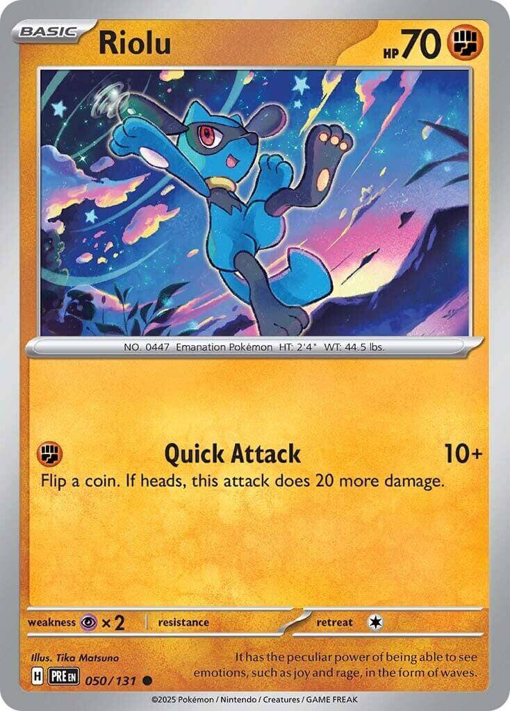 Riolu [PRE - 050/131] Condition: Near Mint Collectible Trading Cards SV: Prismatic Evolutions Also available: Language: English Printing: Reverse Holofoil