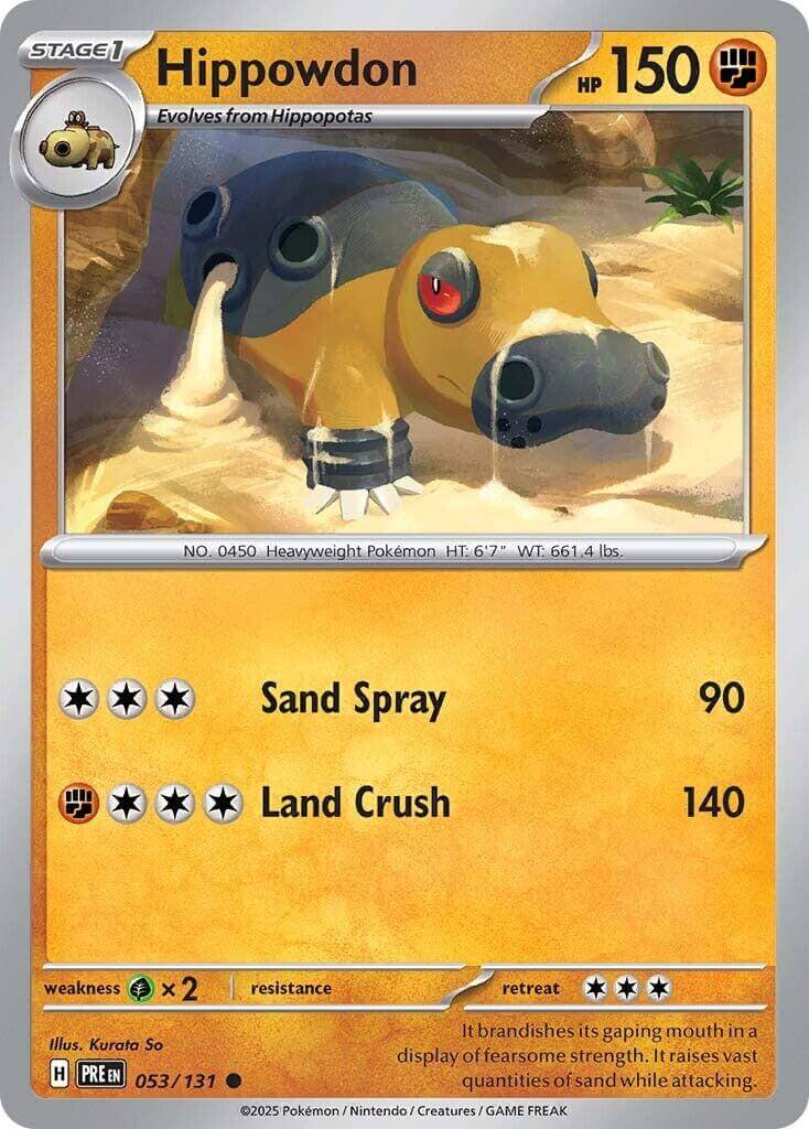 Hippowdon [PRE - 053/131] Condition: Near Mint Collectible Trading Cards SV: Prismatic Evolutions Also available: Language: English Printing: Reverse Holofoil