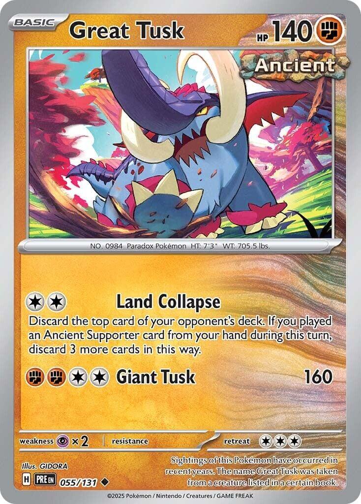 Great Tusk [PRE - 055/131] Condition: Near Mint Collectible Trading Cards SV: Prismatic Evolutions Also available: Language: English Printing: Reverse Holofoil
