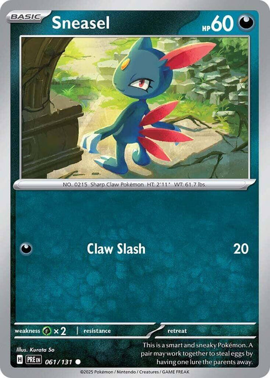 Sneasel [PRE - 061/131] Condition: Near Mint Collectible Trading Cards SV: Prismatic Evolutions Also available: Language: English Printing: Reverse Holofoil