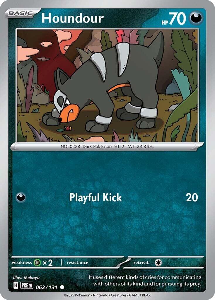 Houndour [PRE - 062/131] Condition: Near Mint Collectible Trading Cards SV: Prismatic Evolutions Also available: Language: English Printing: Reverse Holofoil