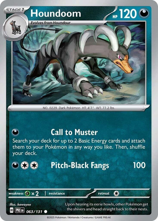 Houndoom [PRE - 063/131] Condition: Near Mint Collectible Trading Cards SV: Prismatic Evolutions Also available: Language: English Printing: Reverse Holofoil