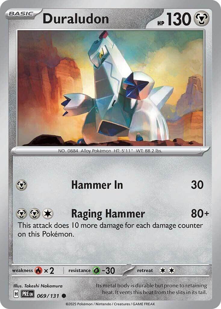 Duraludon [PRE - 069/131] Condition: Near Mint Collectible Trading Cards SV: Prismatic Evolutions Also available: Language: English Printing: Reverse Holofoil