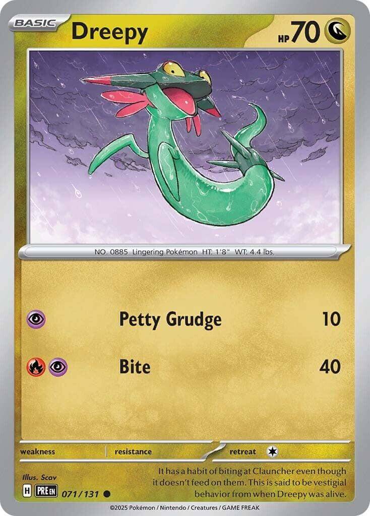 Dreepy [PRE - 071/131] Condition: Near Mint Collectible Trading Cards SV: Prismatic Evolutions Also available: Language: English Printing: Reverse Holofoil