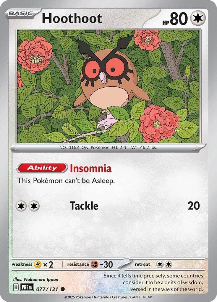 Hoothoot [PRE - 077/131] Condition: Near Mint Collectible Trading Cards SV: Prismatic Evolutions Also available: Language: English Printing: Reverse Holofoil