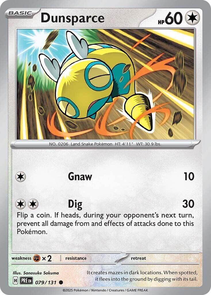 Dunsparce [PRE - 079/131] Condition: Near Mint Collectible Trading Cards SV: Prismatic Evolutions Also available: Language: English Printing: Reverse Holofoil