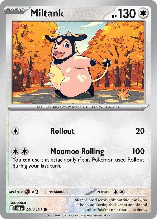 Miltank [PRE - 081/131] Condition: Near Mint Collectible Trading Cards SV: Prismatic Evolutions Also available: Language: English Printing: Reverse Holofoil