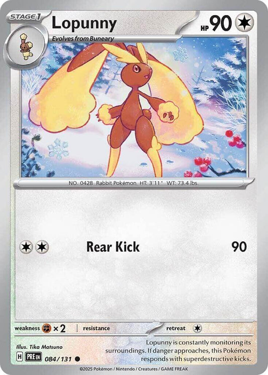 Lopunny [PRE - 084/131] Condition: Near Mint Collectible Trading Cards SV: Prismatic Evolutions Also available: Language: English Printing: Reverse Holofoil