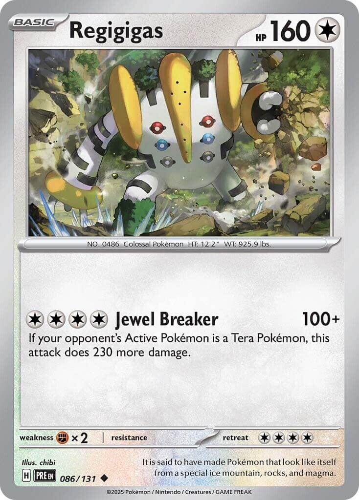 Regigigas [PRE - 086/131] Condition: Near Mint Collectible Trading Cards SV: Prismatic Evolutions Also available: Language: English Printing: Reverse Holofoil