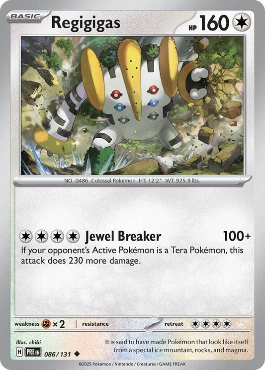 Regigigas [PRE - 086/131] Condition: Near Mint Collectible Trading Cards SV: Prismatic Evolutions Also available: Language: English Printing: Reverse Holofoil