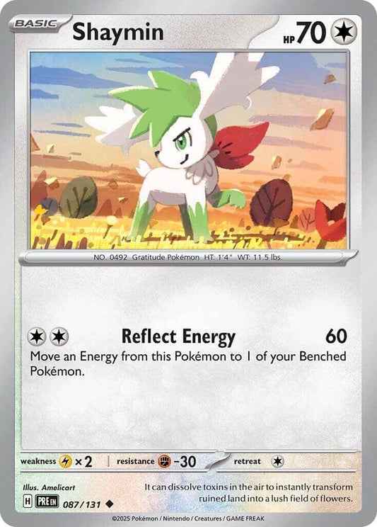 Shaymin [PRE - 087/131] Condition: Near Mint Collectible Trading Cards SV: Prismatic Evolutions Also available: Language: English Printing: Reverse Holofoil