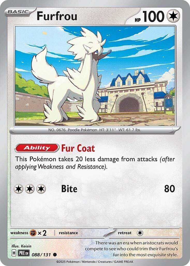Furfrou [PRE - 088/131] Condition: Near Mint Collectible Trading Cards SV: Prismatic Evolutions Also available: Language: English Printing: Reverse Holofoil