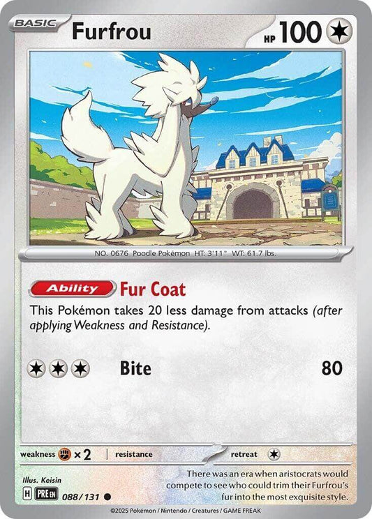 Furfrou [PRE - 088/131] Condition: Near Mint Collectible Trading Cards SV: Prismatic Evolutions Also available: Language: English Printing: Reverse Holofoil