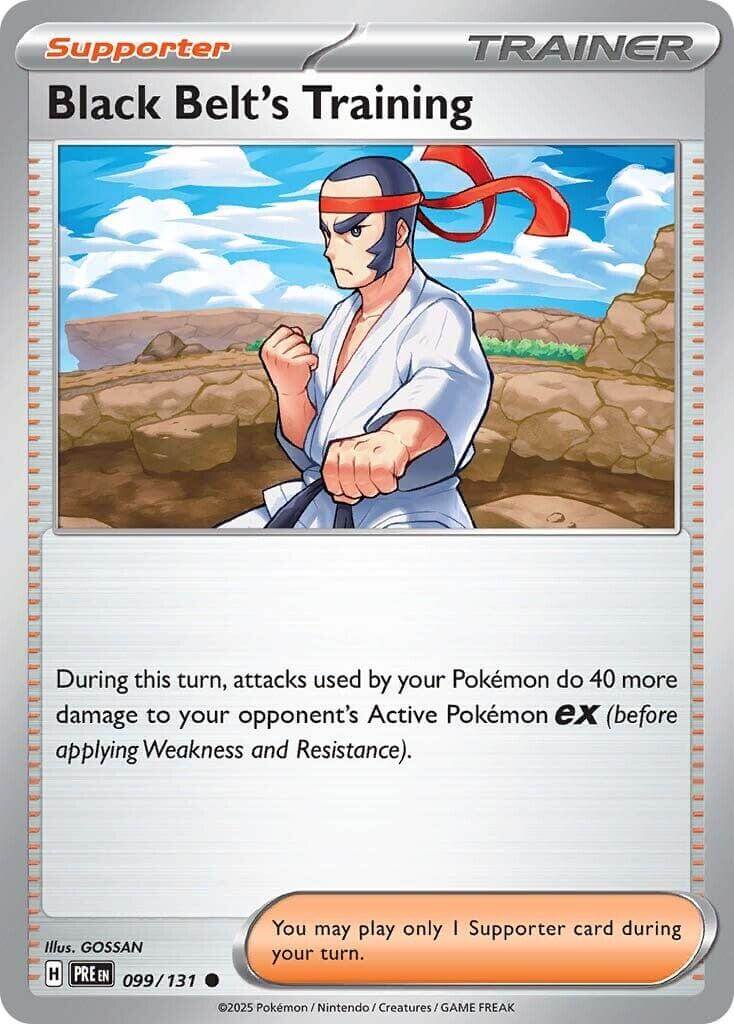 Black Belt's Training - 099/131 [PRE - 099/131] Condition: Near Mint Collectible Trading Cards SV: Prismatic Evolutions Also available: Language: English Printing: Reverse Holofoil