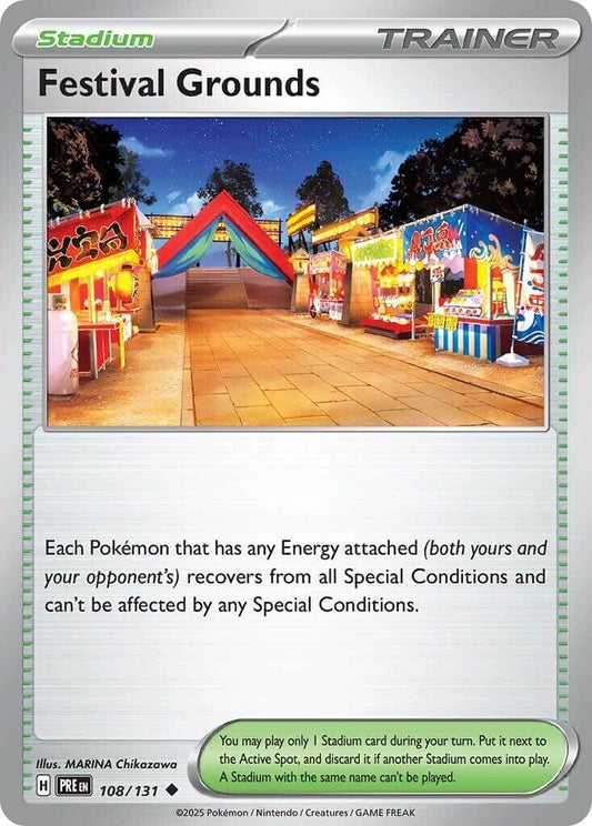 Festival Grounds [PRE - 108/131] Condition: Near Mint Collectible Trading Cards SV: Prismatic Evolutions Also available: Language: English Printing: Reverse Holofoil