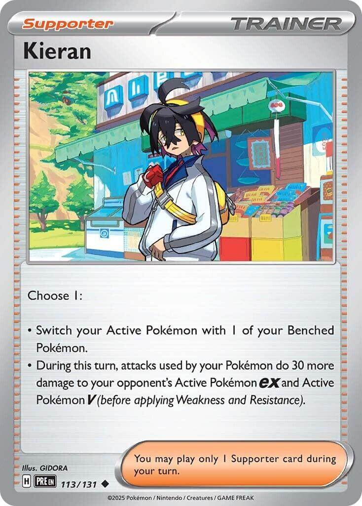 Kieran - 113/131 [PRE - 113/131] Condition: Near Mint Collectible Trading Cards SV: Prismatic Evolutions Also available: Language: English Printing: Reverse Holofoil